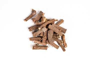 Ayurvedic Mulethi or Liquorice root stick or jeshthamadh on white background