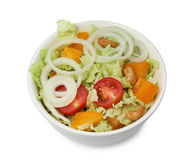 Bowl of delicious salad with Chinese cabbage, tomatoes and onion isolated on white
