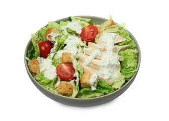 Bowl of delicious salad with Chinese cabbage, cucumber, meat and tomatoes isolated on white
