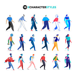 Gruppo di personaggi vettoriali realizzati in diversi stili grafici  - obrazy, fototapety, plakaty