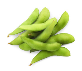 Fresh green edamame pods on white background