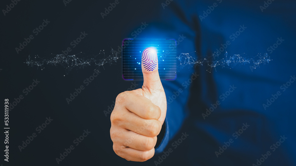 Poster Virtual fingerprint thumbs up to scan biometric identities and fingerprint access passwords for technological security concepts. Digital transformation change management internet of things.