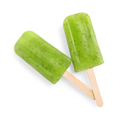 Tasty kiwi ice pops isolated on white. Fruit popsicle