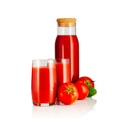 tomato juice in glass and bottle isolated on white. tomato juice bloody mary component