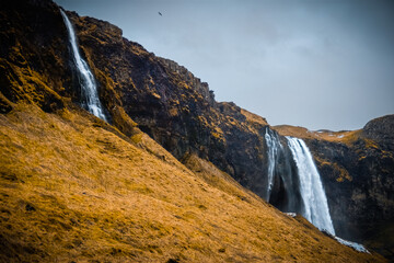 Fototapeta na wymiar Panorama waterfall on the rocks cloudy in Iceland 