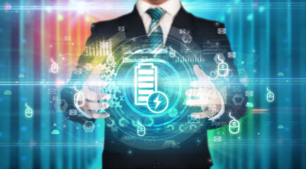 Businessman holding technology icon concept