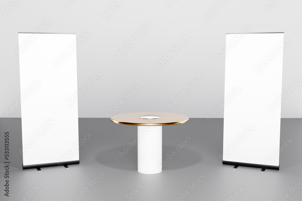 Canvas Prints blank roll up banner with trade show table. 3d rendering