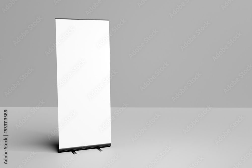 Canvas Prints blank roll up banner template on the wall for mockup display. 3d rendering