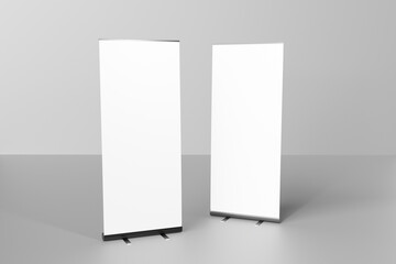 Blank white roll-up banner display mockup, isolated, 3d rendering for presentation your design.