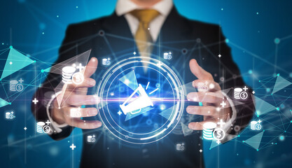 Businessman holdig business icons concept