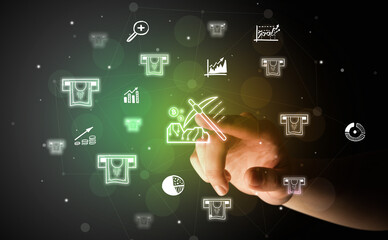 Businessman finger touching on screen multimedia interface with hand drawn currency icons