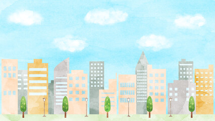 Obraz premium 青空とビル群のイラスト 水彩風加工バージョン アスペクト比16：9