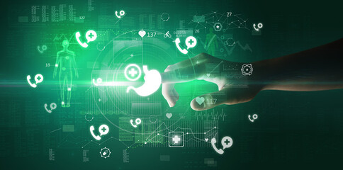Doctor hand pressing futuristic health device with medical symbol on screen