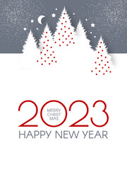Happy New 2023 Year flyer design template. Elegant white card with Christmas trees. Coniferous forest