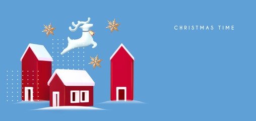 Merry Christmas and Happy New Year soft blue 3D design with Christmas town, deer jump, light bulbs and snowflakes.