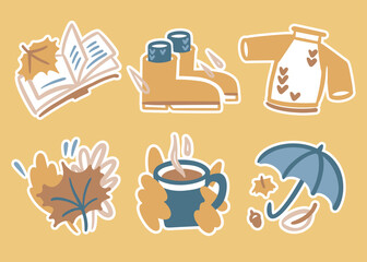 Autumn stickers, icon or illustration set. Open book, rubber boots, rain, sweater, yellow leaves bouquet, hot Vector doodle cute flat cartoon style.