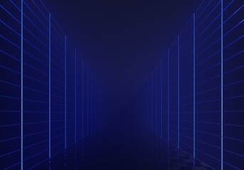 Obraz na płótnie Canvas 3D rendering of a long futuristic neon corridor going into perspective. Neon background, virtual reality, sci-fi modern empty stage reflecting, bright spectrum colors