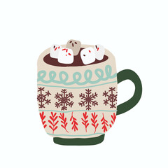 Hot chocolate with marshmallow in colorful ceramic mug. Christmas cozy home concept