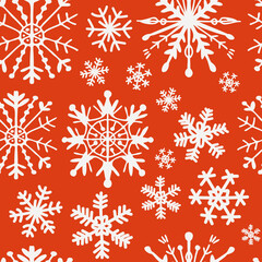 Naklejka na ściany i meble Seamless pattern of snowflakes on a red background