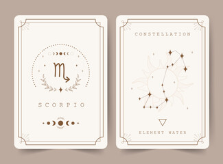 Scorpio. Witchcraft cards with astrology zodiac sign and constellation. Perfect for tarot readers and astrologers. Occult magic background. Horoscope template. Vector illustration in boho style.
