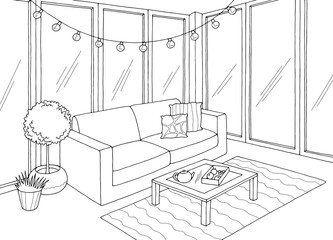 Terrace interior graphic black white sketch illustration vector 