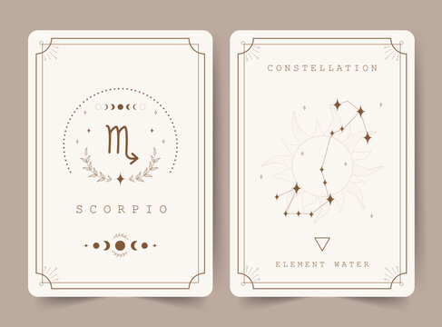 Scorpio. Witchcraft cards with astrology zodiac sign and constellation. Perfect for tarot readers and astrologers. Occult magic background. Horoscope template. Vector illustration in boho style.