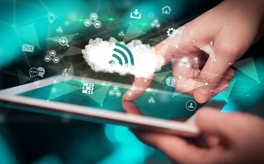 Close-up of a touchscreen with technology icons