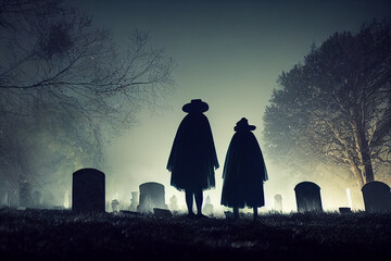 dark ghostly figures walking in graveyard at night Halloween card