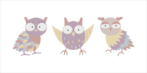 Cute pastel cartoon owls. Vector set for baby showers, birthdays and invitation designs.