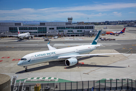 cathay pacific jet at the apron in Sanfrancisco international airport