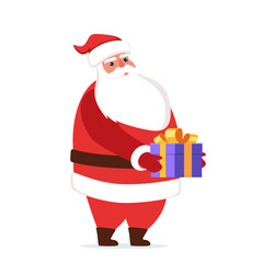 Cute Santa Claus character with gift in his hands. Santa smiling and show huge gift box. Merry Christmas and Happy New Year. Christmas card vector illustration.