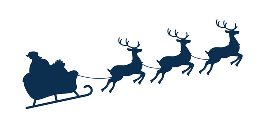 Santa on Sleigh and His Reindeers, monochrome silhouette. Christmas Greeting card vector illustration.
