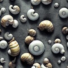 Snails on the sand as texture background and tile template. The close-up surface of the beach shore with shells and stones for endless tiled texture. 3D rendering and seamless background.