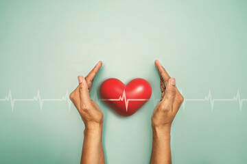 Medical red heart with cardiogram chart line in hand on a light green background, heart health care...
