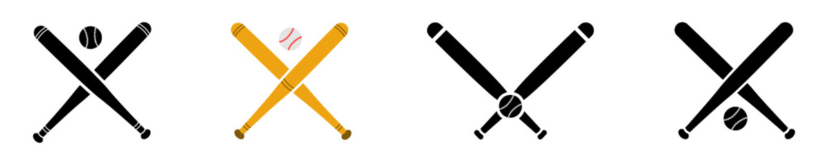 Set of crossed baseball bats and balls vector icons on white background. American outdoor game. Vector 10 EPS.