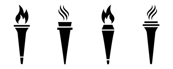 Set of torch and flame vector icons. Torch and fire black silhouette. Olympic symbol. Vector 10 EPS.