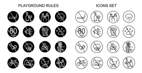 Playground rules black and white icons, playground round modern vector icons set, playground prohibition signs