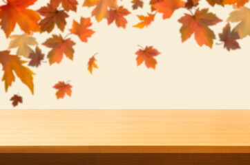 Naklejka na ściany i meble autumn leaves on wooden table background