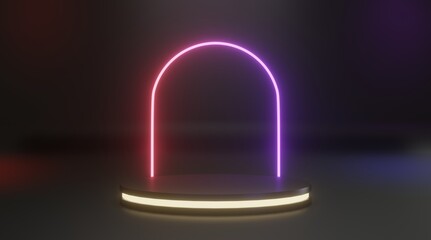 Background 3d podium with line gradient neon ring on the background. 3d render illustration abstract background. 3d podium with line gradient neon ring scene with red and purple color