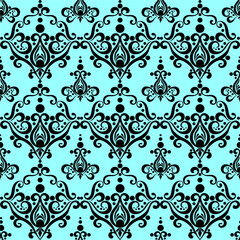 symmetrical seamless ornament tile of black graphic abstract elements on a green background, texture, design