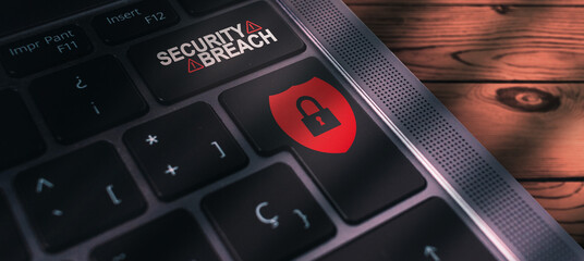 Banner of laptop keyboard with system breach warning on button. Cyber security data protection business technology.