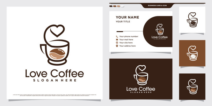 Coffee cup logo design illustration for coffee lovers with heart element and business card template