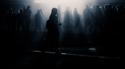 silhouettes of people walking at sunset festival