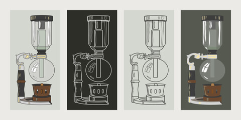 Siphon coffee maker pot. Vacuum pot coffee flat and line vector illustrations.