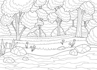 Forest river coloring graphic black white landscape sketch illustration vector