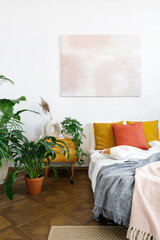Bedroom in apartment with bohemian chic interior design