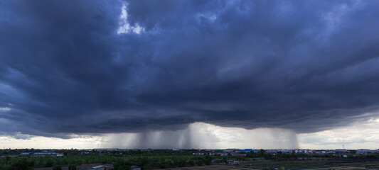 The dark sky with heavy clouds converging and a violent storm before the rain.Bad or moody weather sky and environment. carbon dioxide emissions, greenhouse effect, global warming, climate change