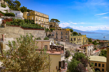 Panoramic view from above of the old town overlooking the sea in Naples, Italy.