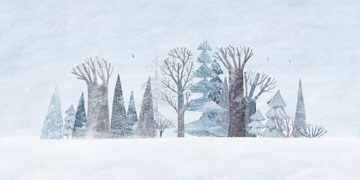 Snow-covered coniferous forest. Cute winter landscape. Horizontal view of the winter forest.