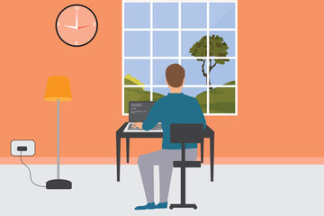 Man sitting at a desk and working on the laptop  back view, on an isolated background. Flat design vector illustration.